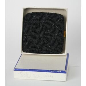 Vintage French Beaded Powder Compact Mirror Black Perle Noires Original Box